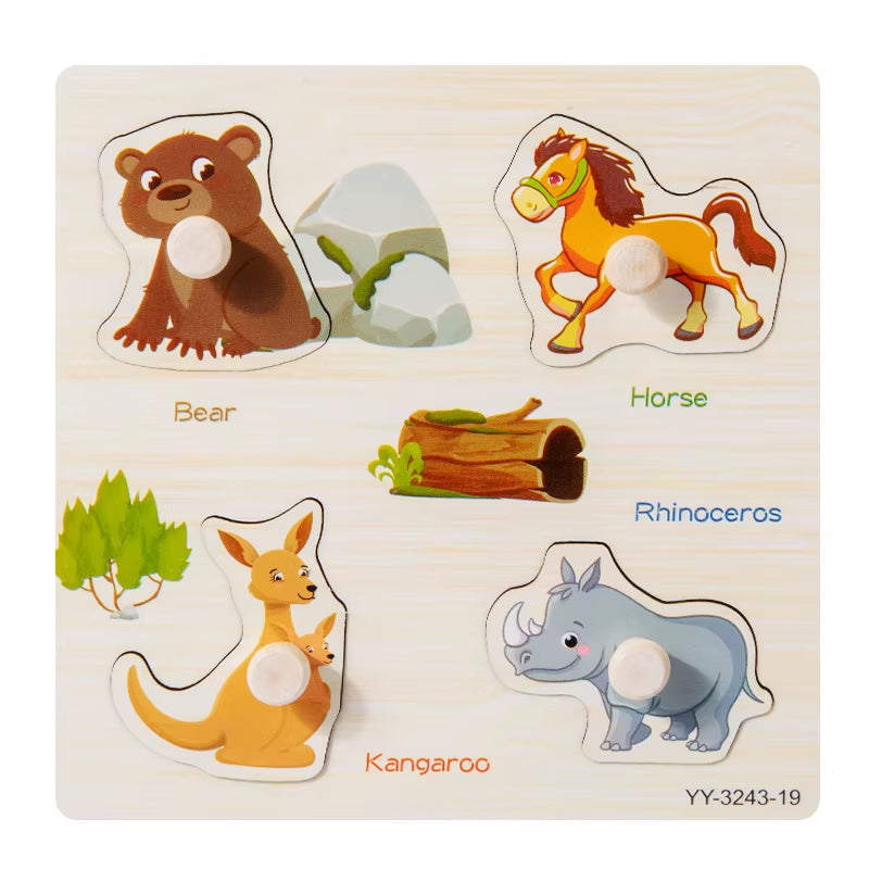 Wooden Mini Cartoon Animal Vehicle Pegged Puzzles Baby Montessori Plywood Early Educational Learning Toys for Kids Boys Girls